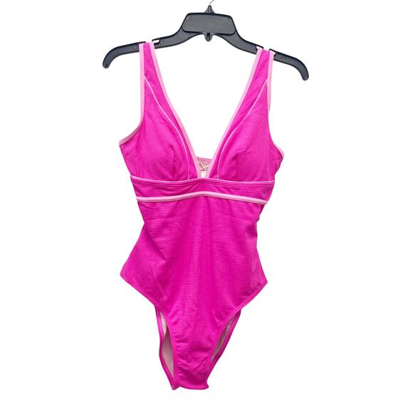 Cupshe Plunging Pink Piped Tummy Control One Piece Swimsuit Hot Neon Pink M - Picture 1 of 7